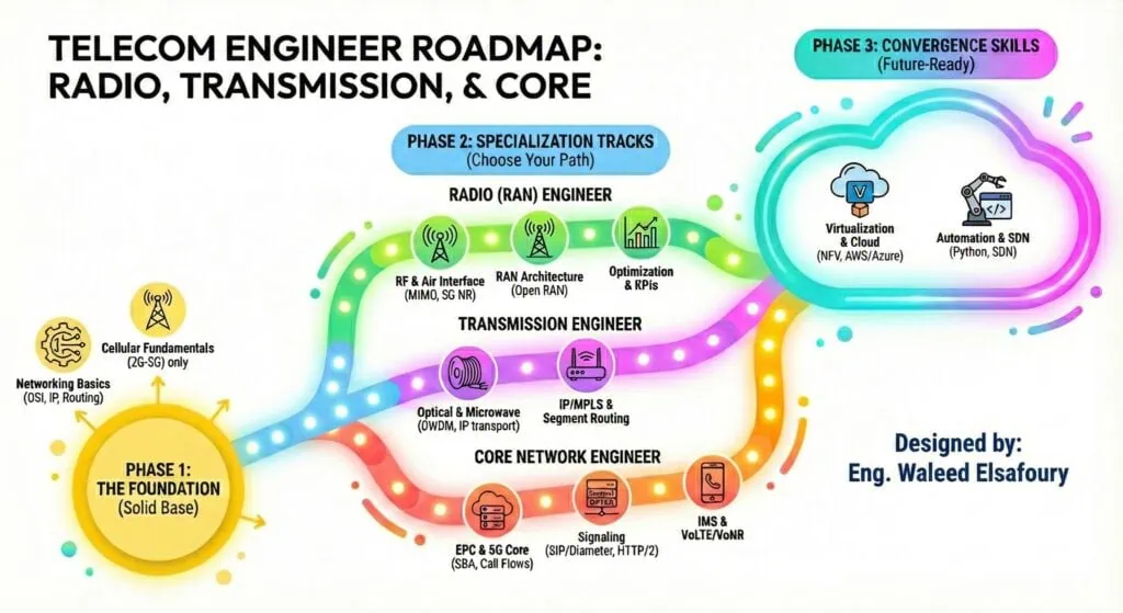 Detailed telecom engineering career pathway and skills development.