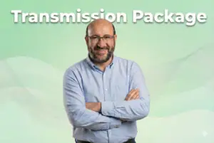 Professional telecom engineer smiling with crossed arms in front of green background.