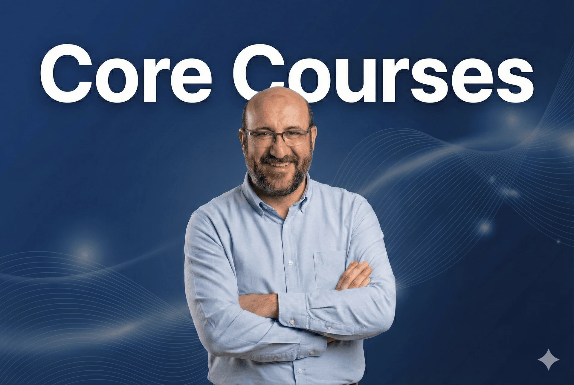 A smiling man with glasses in front of a digital telecom-themed background, promoting training courses.