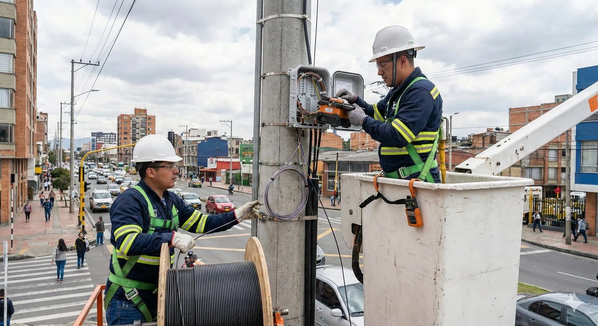 Maintaining communication infrastructure with professional tools and safety gear.