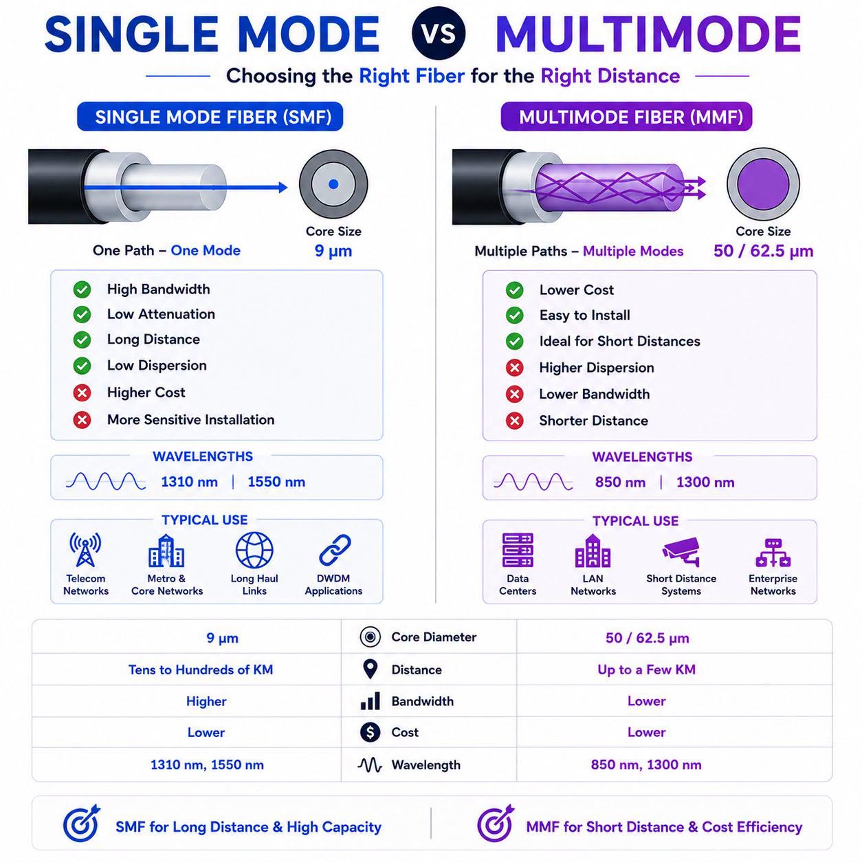 ايه الفرق بين Single Mode Fiber (SMF) و Multimode Fiber (MMF)؟