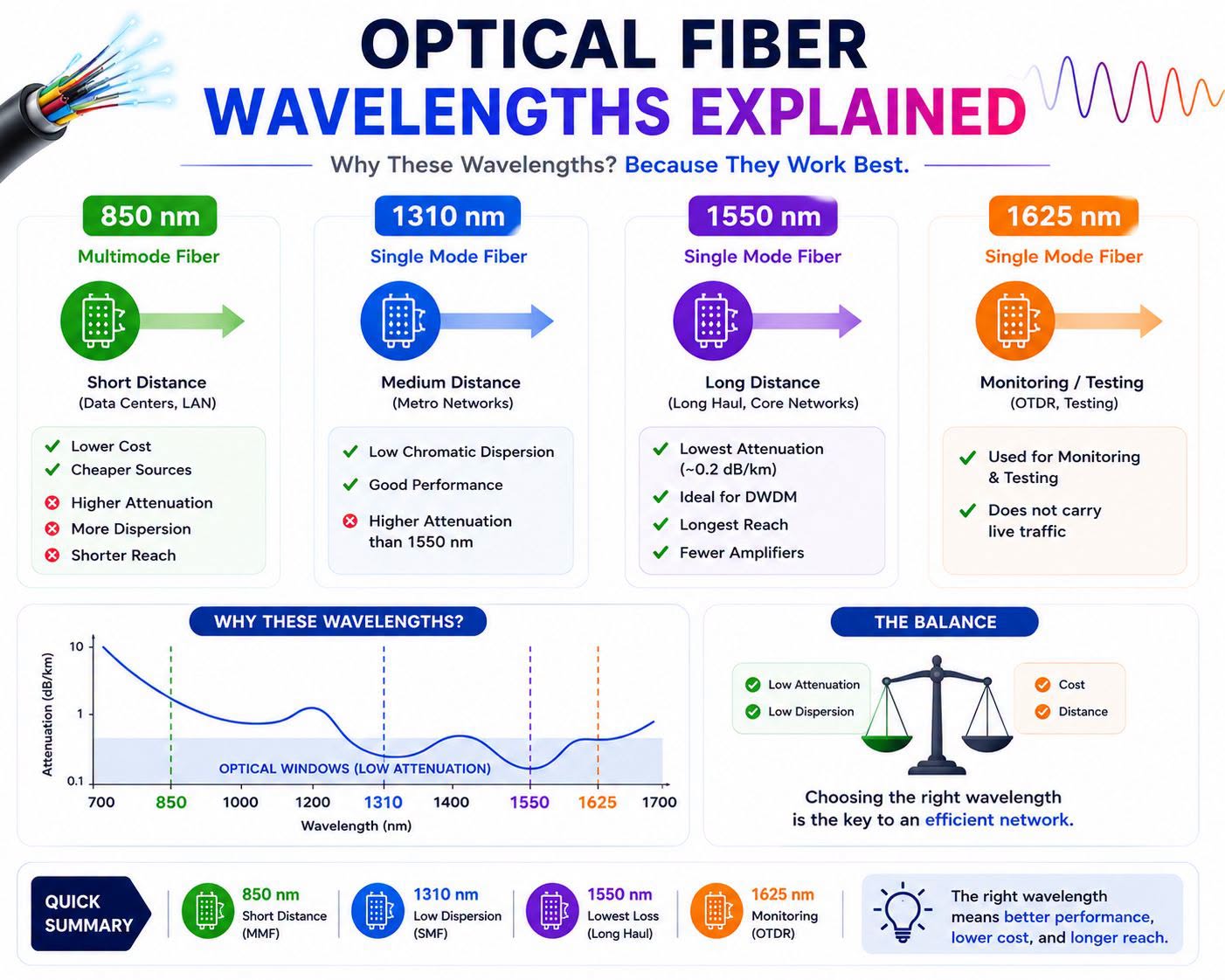 إيه هي الأطوال الموجية المستخدمة في الـ Optical Fiber؟